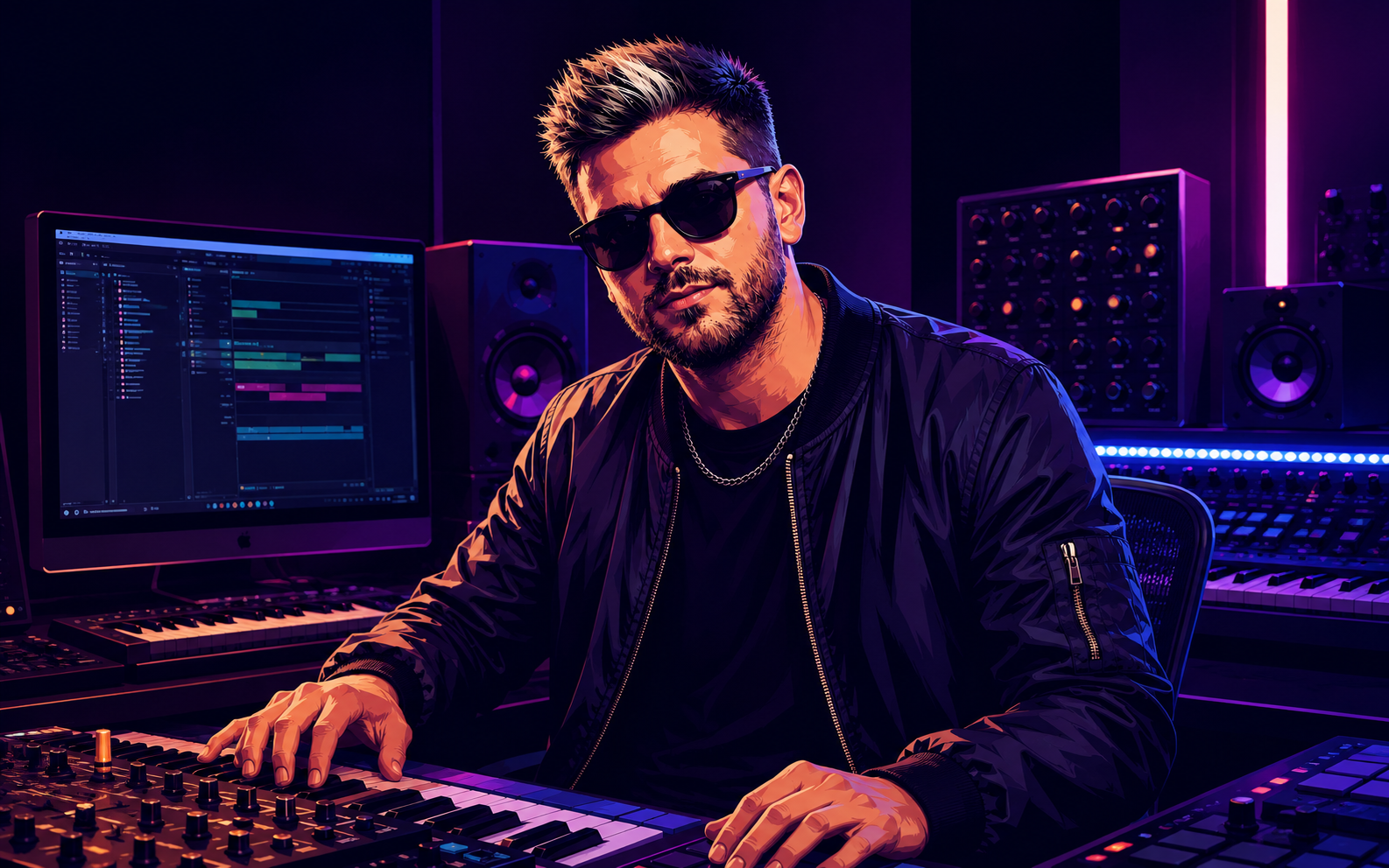 MHM Music producer in a neon-lit music studio